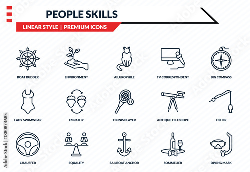 people skills icons set - boat rudder, environment, lady swimwear, sailboat anchor, diving mask outline vector collection.