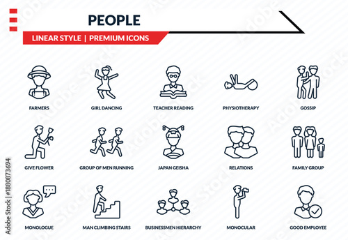 people icons set - farmers, girl dancing, give flower, businessmen hierarchy, good employee outline vector collection.