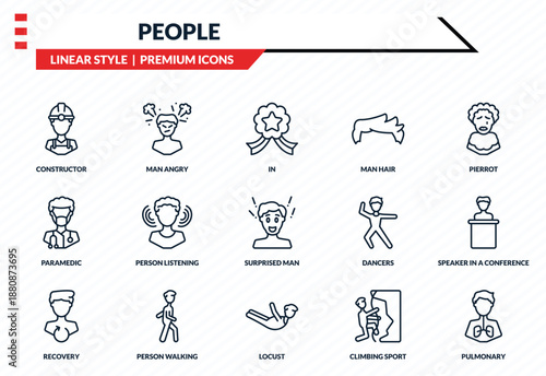 people icons set - constructor, man angry, paramedic, locust, pulmonary outline vector collection.