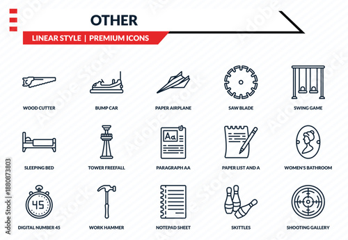 other icons set - wood cutter, bump car, sleeping bed, notepad sheet, shooting gallery outline vector collection.