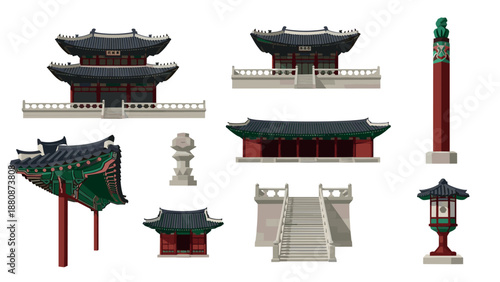 Traditional korean architecture elements set with pagoda and lanterns