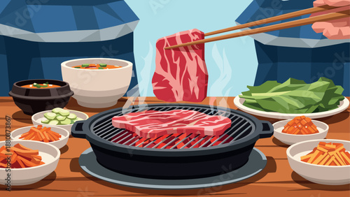 Korean barbecue experience with grilled meat and side dishes in vibrant flat art style