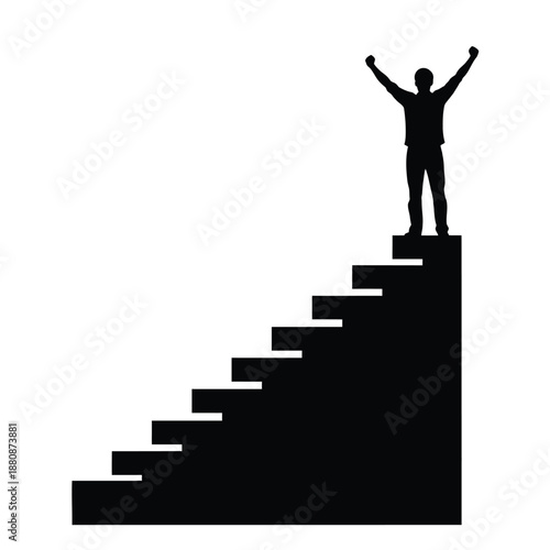 Man standing on of staircase with arms raised silhouette