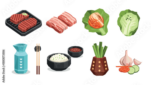 Korean cuisine elements: grill, kimchi, rice, and traditional tableware in modern cartoon style