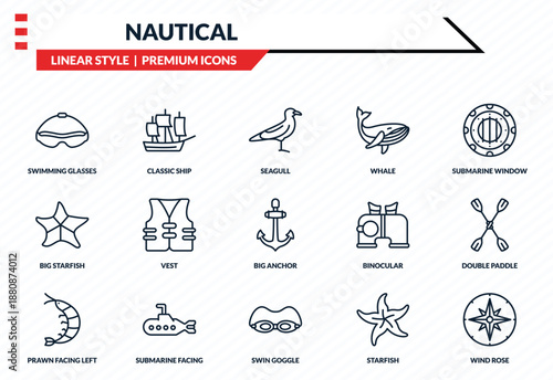nautical icons set - swimming glasses, classic ship, big starfish, swin goggle, wind rose outline vector collection.