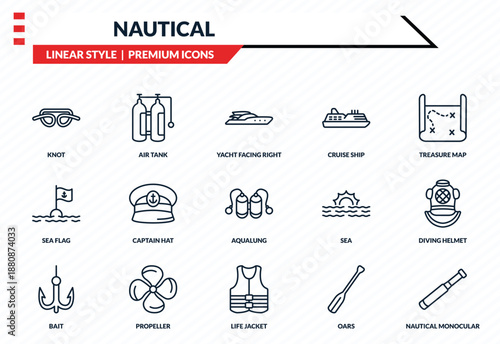 nautical icons set - knot, air tank, sea flag, life jacket, nautical monocular outline vector collection.