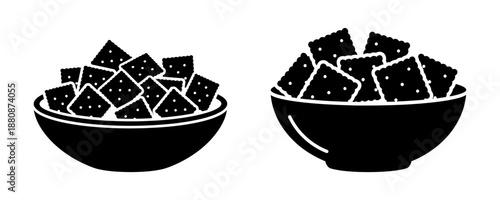Abstract graphic design featuring two snack bowls filled to the brim with crispy square crackers