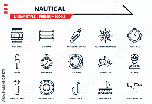 nautical icons set - big barrel, big crate, buoys, fishing hook, boat telescope outline vector collection.