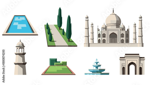 Iconic indian architecture and landscape elements in modern flat design