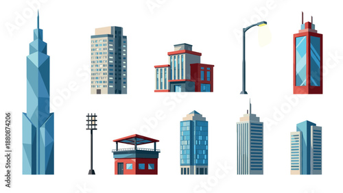 Modern urban buildings set with skyscrapers, lamps, and towers in flat design