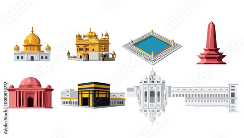 Iconic religious and cultural landmarks in detailed flat style art