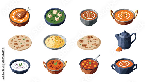 Geometric dishes: indian cuisine collection in modern low poly style