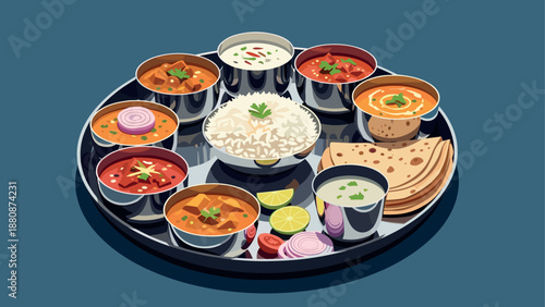 Traditional indian thali with rice, curries, and bread on blue background