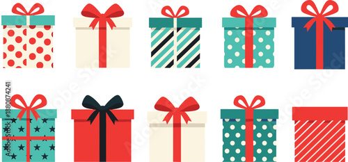 Colorful gift box collection with ribbons and bows, festive present packaging set, flat vector illustration for Christmas, birthday and celebration designs isolated on white background
