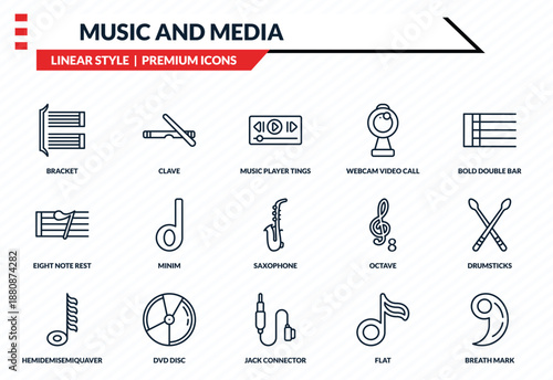 music and media icons set - bracket, clave, eight note rest, jack connector, breath mark outline vector collection.