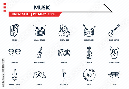 music icons set - zither, snare drum, bongo, bassoon, cornet outline vector collection.