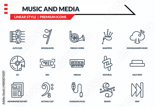 music and media icons set - alto clef, semiquaver, cd, charging plug, skip outline vector collection.