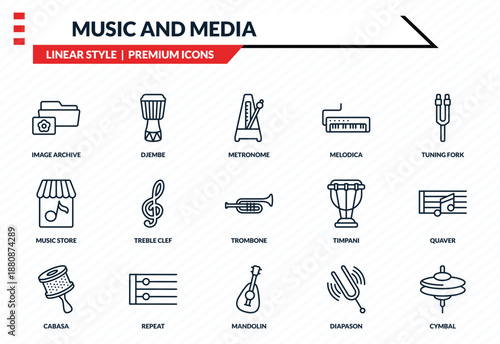 music and media icons set - image archive, djembe, music store, mandolin, cymbal outline vector collection.