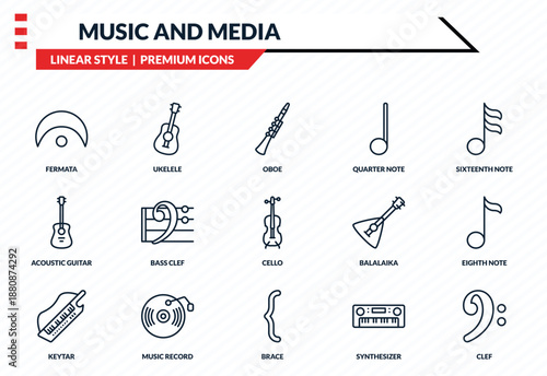 music and media icons set - fermata, ukelele, acoustic guitar, brace, clef outline vector collection.