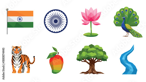 Low poly icons of indian symbols: flag, peacock, lotus, tiger, mango