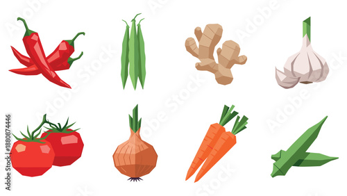 Low poly vegetable set: colorful geometric designs of garlic, ginger, and more