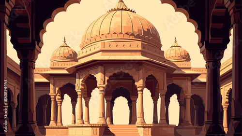 Elegant architectural archways of a historic indian palace in warm tones