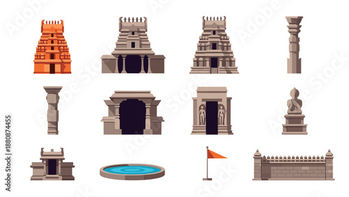 Collection of indian temple elements and structures in flat style