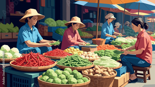 Bustling market scene with farmers arranging fresh produce in vibrant colors