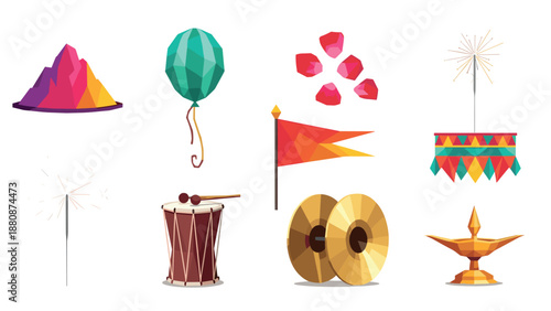 Geometric festive elements: drums, lanterns, and flags in vibrant low poly art