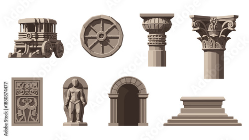 Ancient architecture elements collection with columns and sculptures