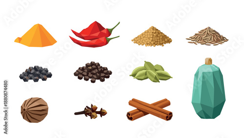 Low poly spices collection: turmeric, chili, cardamom, cinnamon, cumin, nutmeg, cloves, star anise