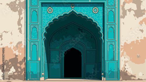 Intricate blue ornate archway with geometric patterns and architectural details
