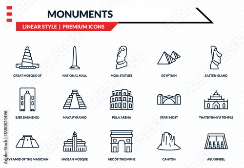 monuments icons set - great mosque of samarra, national mall, ejer baunehoj, arc of triomphe, abu simbel outline vector collection.