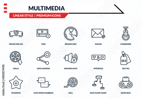multimedia icons set - projector len, paid, rolls, roll, boom box outline vector collection.