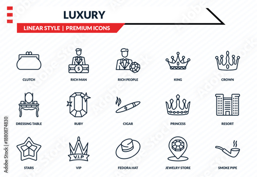 luxury icons set - clutch, rich man, dressing table, fedora hat, smoke pipe outline vector collection.