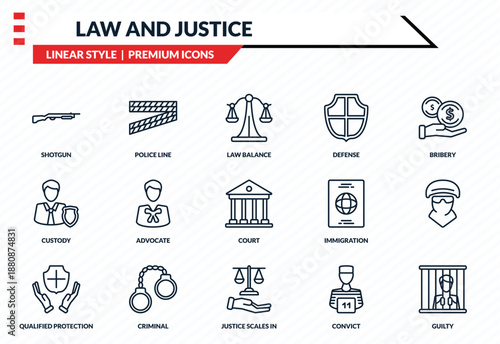 law and justice icons set - shotgun, police line, custody, justice scales in hand, guilty outline vector collection.