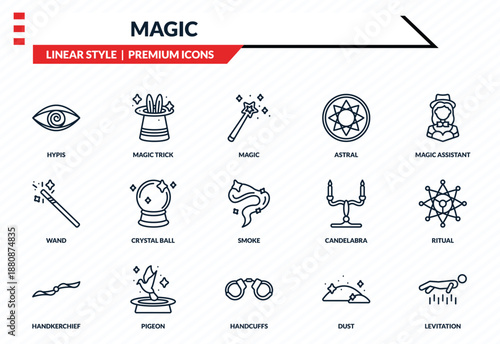 magic icons set - hypis, magic trick, wand, handcuffs, levitation outline vector collection.