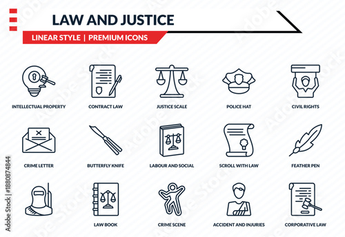 law and justice icons set - intellectual property, contract law, crime letter, crime scene, corporative law outline vector collection.