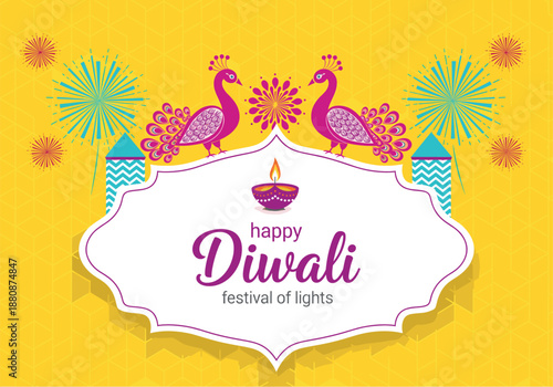 Happy Diwali festival of lights vector banner with decorative peacocks oil lamp and fireworks on yellow background