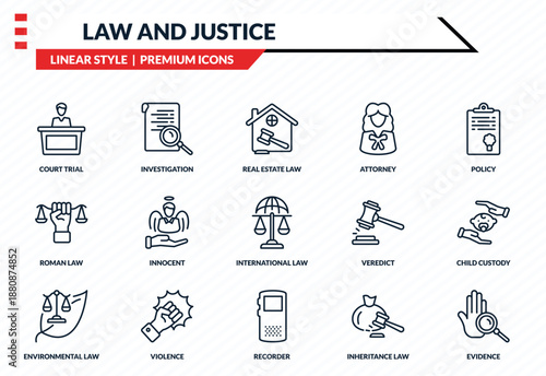 law and justice icons set - court trial, investigation, roman law, recorder, evidence outline vector collection.