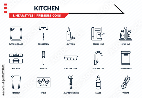 kitchen icons set - cutting board, corkscrew, kitchen, meat tenderizer, wheat outline vector collection.