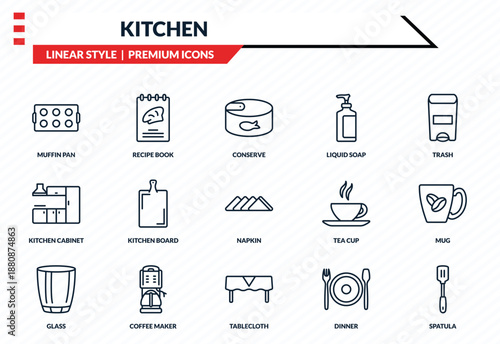 kitchen icons set - muffin pan, recipe book, kitchen cabinet, tablecloth, spatula outline vector collection.