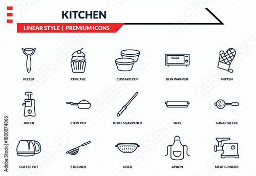 kitchen icons set - peeler, cupcake, juicer, nder, meat grinder outline vector collection.