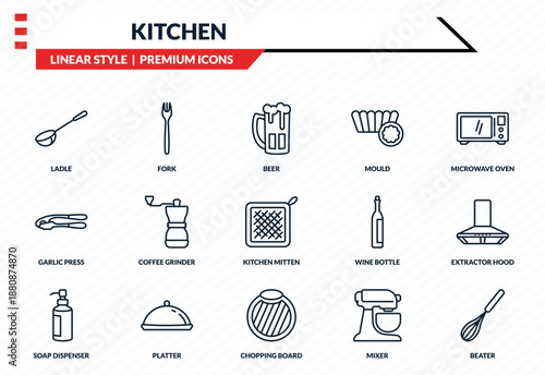kitchen icons set - ladle, fork, garlic press, chopping board, beater outline vector collection.