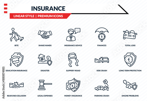 insurance icons set - bite, shake hands, education insurance, money insurance, engine problems outline vector collection.