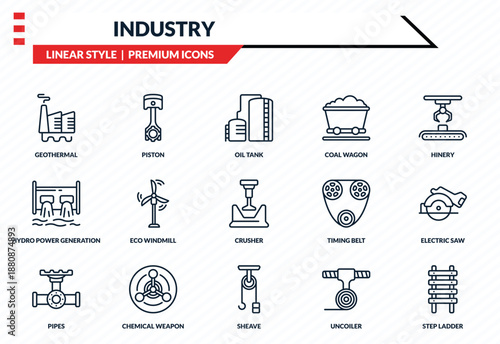 industry icons set - geothermal, piston, hydro power generation, sheave, step ladder outline vector collection.