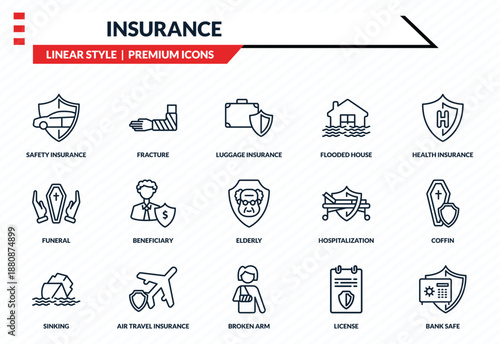 insurance icons set - safety insurance, fracture, funeral, broken arm, bank safe outline vector collection.