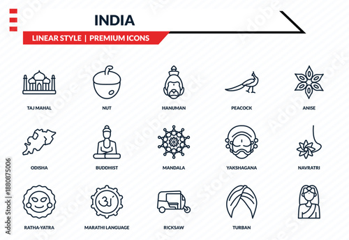 india icons set - taj mahal, nut, odisha, ricksaw, outline vector collection.