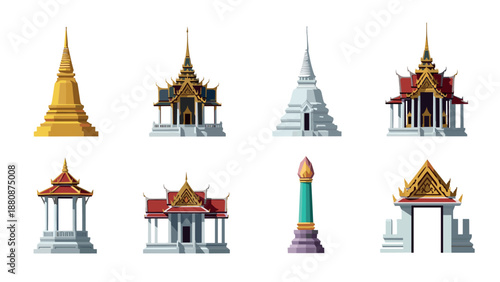 Traditional thai temples and pagodas design set