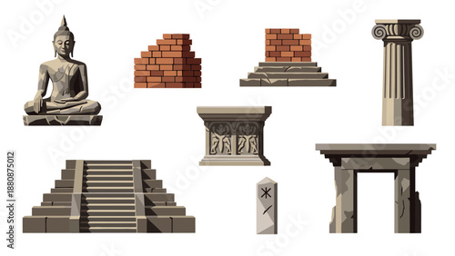 Ancient architectural elements: temples, columns, and brick walls in flat design